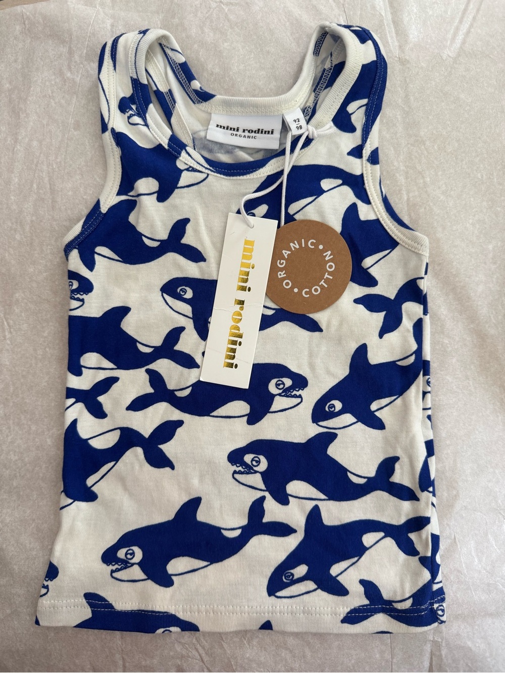 Mini Rodini Killer Whale AOP Print Tank Top Certified Organic Cotton 92/98 NWT